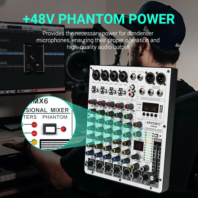 USB 오디오 인터페이스가 있는 ARVOMIC DJ 믹서, 6 채널 오디오 믹서, 블루투스 기능, 16 DSP 효과, 3 밴드 EQ (ARMX-6)