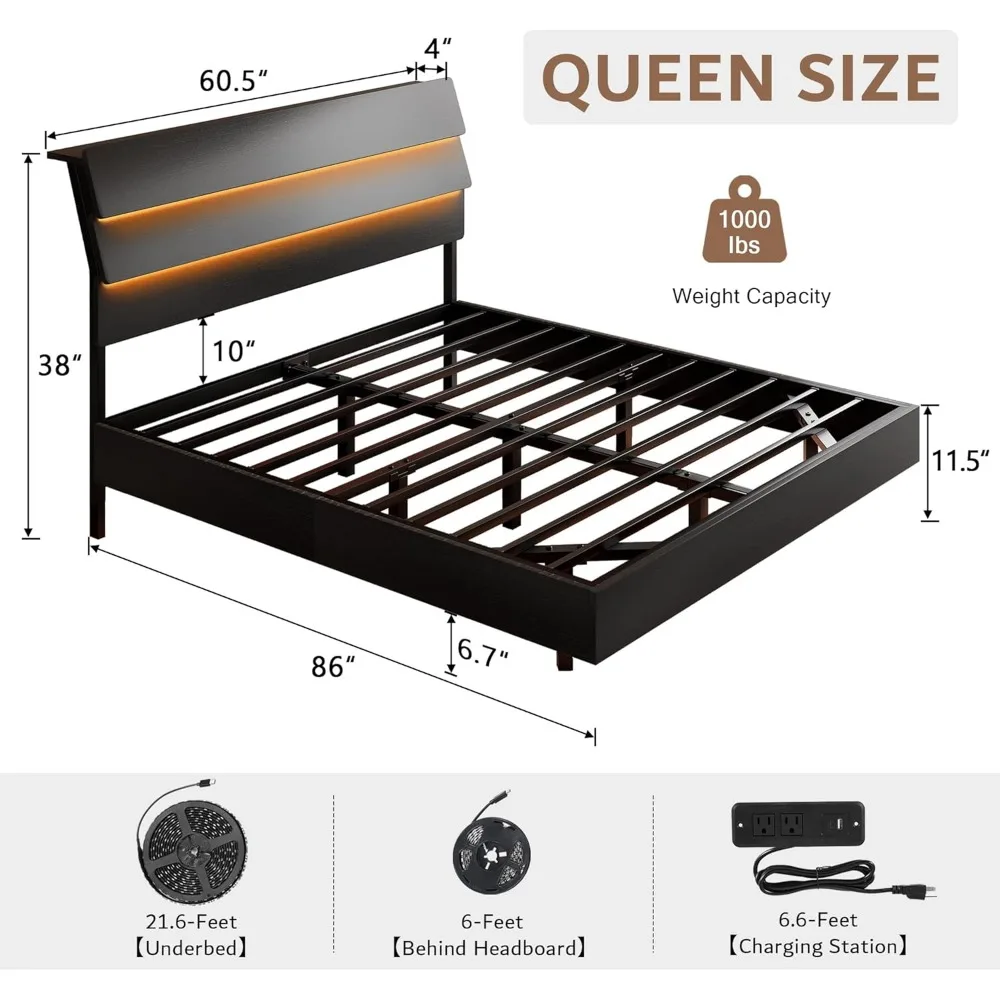 King Size Floating Bed Frame with LED Headboard and Charging Station, Metal Platform Bed Frame with Storage, Remote Control 6
