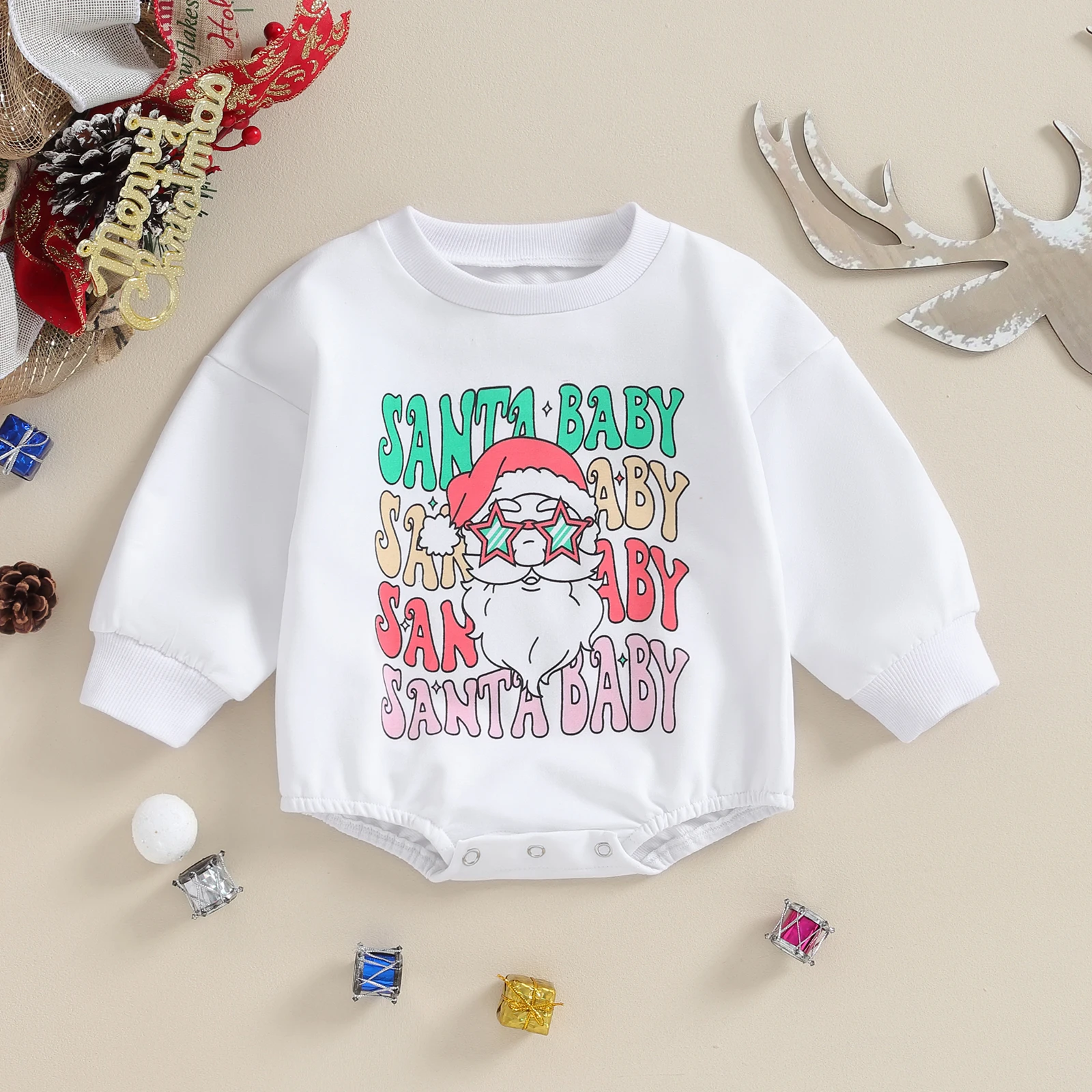 

Christmas Newborn Baby Boys Girls Romper Cute Long Sleeve Santa Letter Print Bodysuit Toddler Cotton Playsuit With Crotch Button