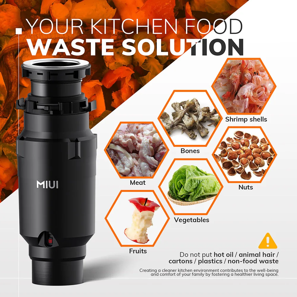 MIUI Continuous Feed Garbage Disposal with Sound Reduction,1/2 HP Stainless Steel Food Waste Grinding System,Power Cord Included 2