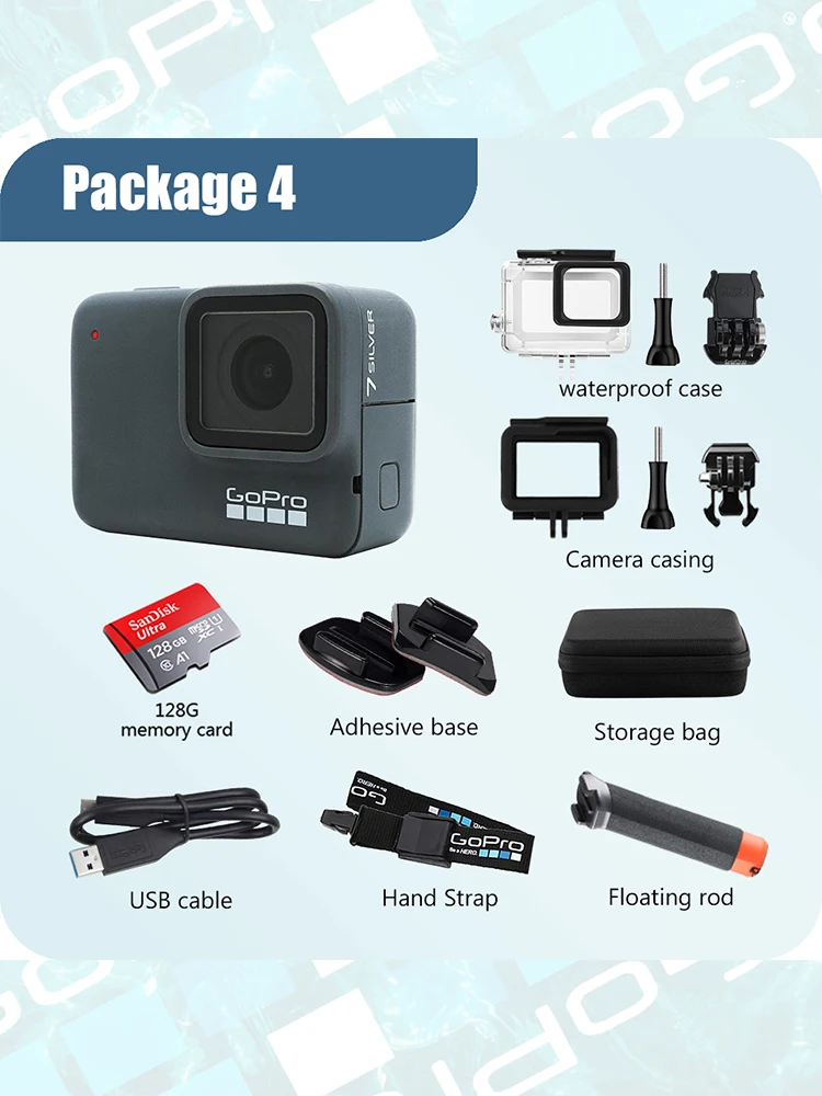 고프로 히어로 7 실버 4K30 프레임 수직 카메라 HD 손떨림 방지 WiFi 연결 사이클링 스키 익스트림 스포츠 카메라