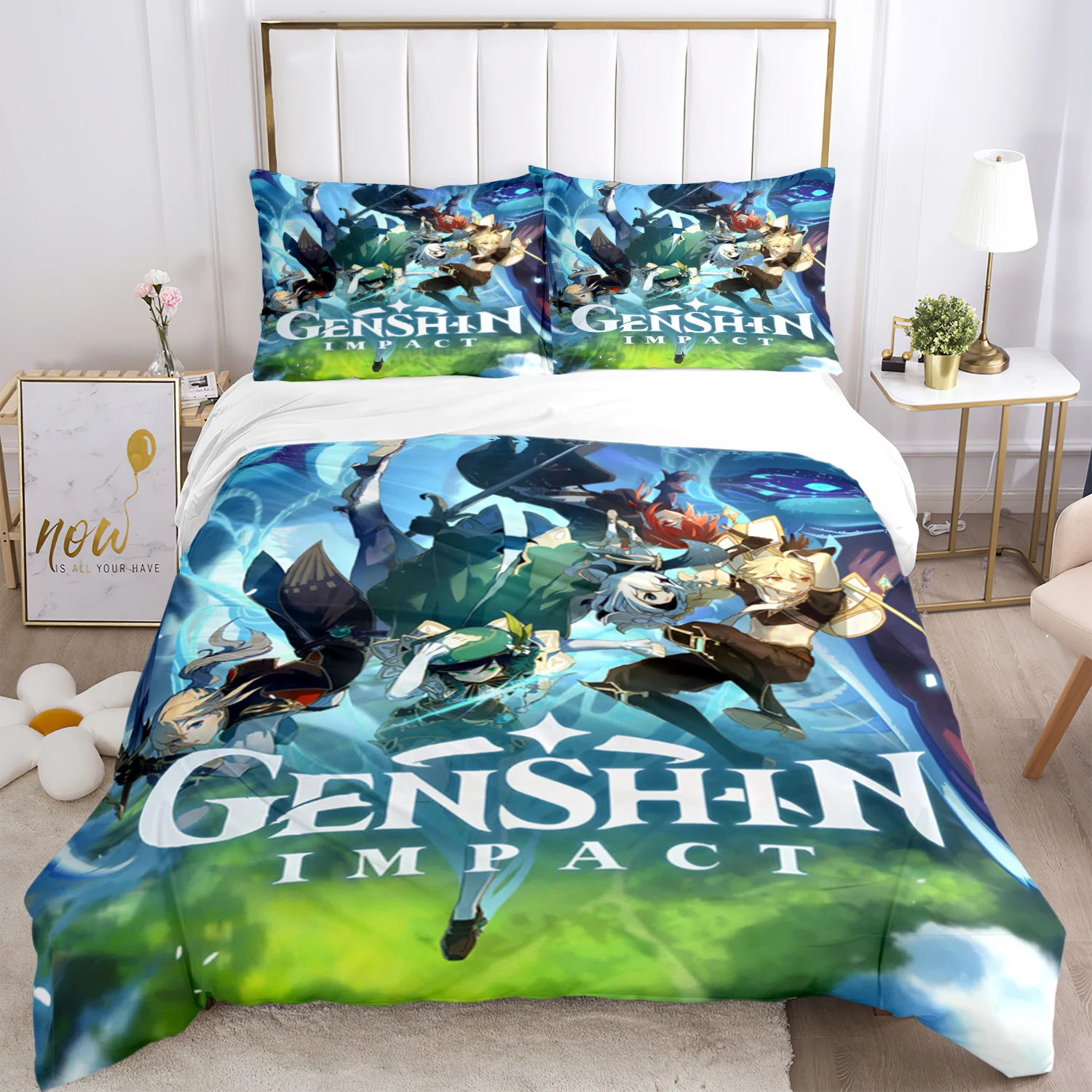 

Genshin Impact Print Three Piece Bedding Set Fashion Article Children or Adults for Beds Quilt Covers Pillowcases Bedding Set