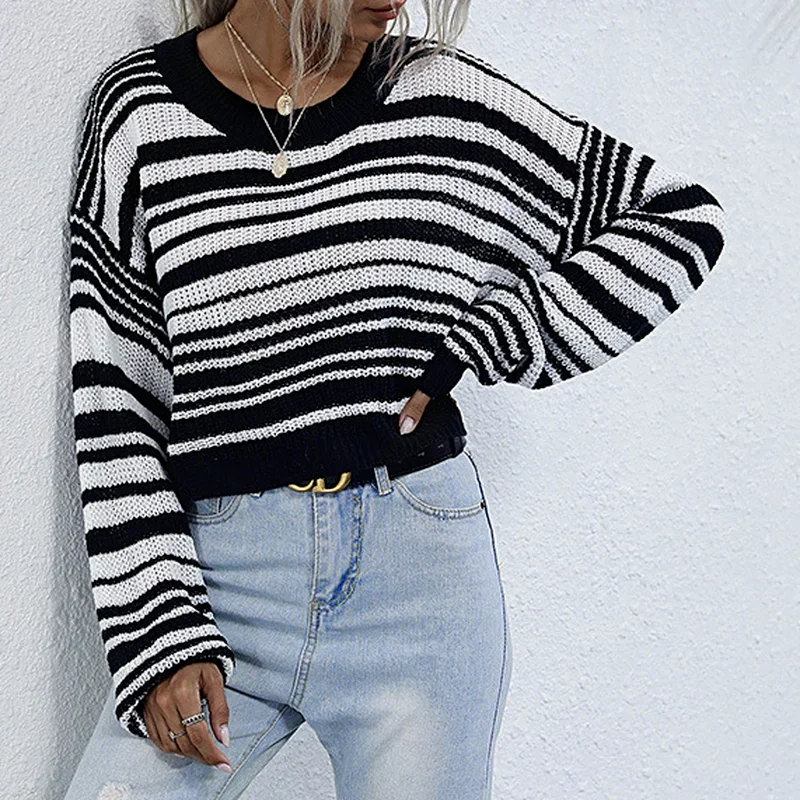 

Pink Striped Knitted Women's Sweaters O Neck Causal Lazy Loose Pullover Bohemian Jumper Pull Femmal Long Sleeve Sweater Crop Top