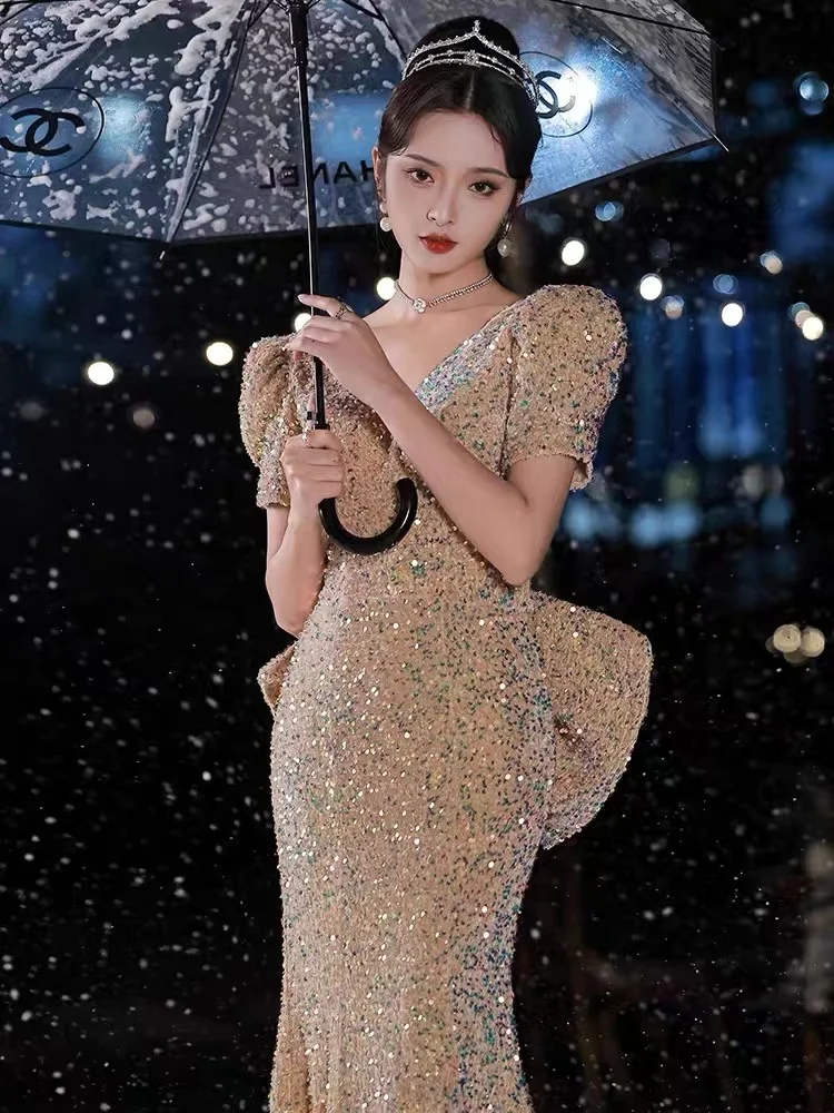 

Champagne Evening Dress Sexy V-neck Puff Sleeve Elegant Sequin Backless With Bow High Waist Slim-Fit Prom Party Gown For Female