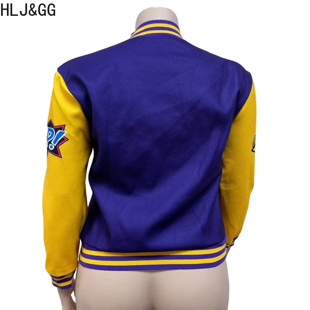 HLJ&GG Fashion Letter Print Splicing Baseball Jackets Women V Neck Button Long Sleeve Button Coats Spring New Matching Slim Tops