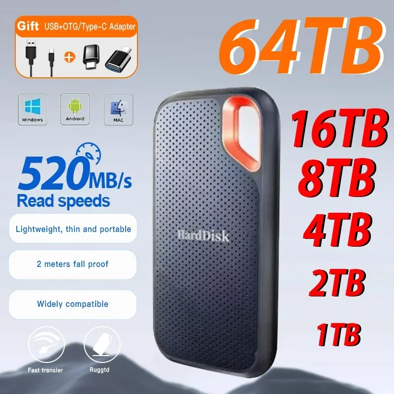Original Portable External Hard Drive 1TB External Hard Disk SSD 2TB USB3.1 High Speed Solid State Drive For Laptop/Desktop/Phone External Hard Drive