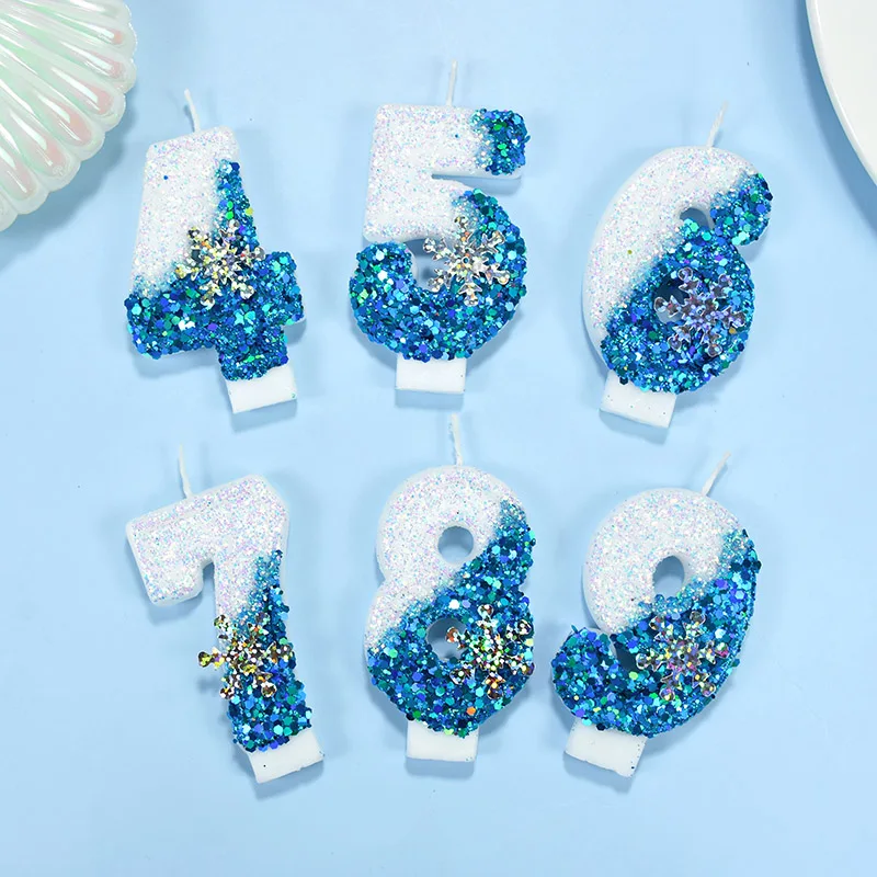 1 Stück Prinzessin Geburtstag 0-9 Zahlenkerze Blaue Schneeflocke Flammenlose gefrorene Kerzen Hochzeit Party Dekoration Geburtstag Dessert Versorgung – Detail 7