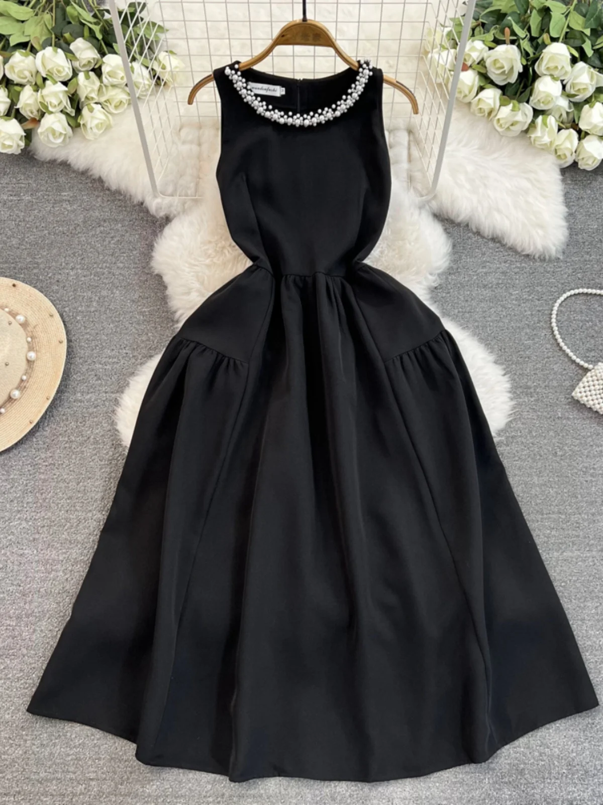 black dress with beaded collar BLACK CRYSTAL BEADED DRESS | CULT MIA main image 0
