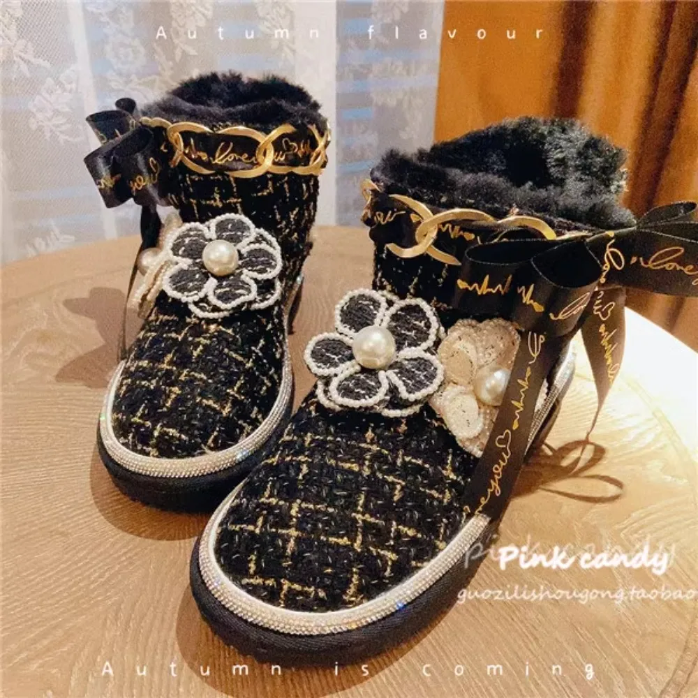 

Womens Cashmere Ankle Boots Flowers Pearls Ribbon Warm Winter Snow Thick Shoes Flats X-mas Gift Sweet Girls New 2024 New 2024