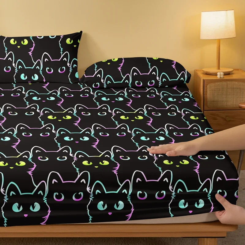 1 cartoon animal little cat printed matte Fitted Sheet, bedroom printed bed cover, bedding (excluding pillowcases) 3