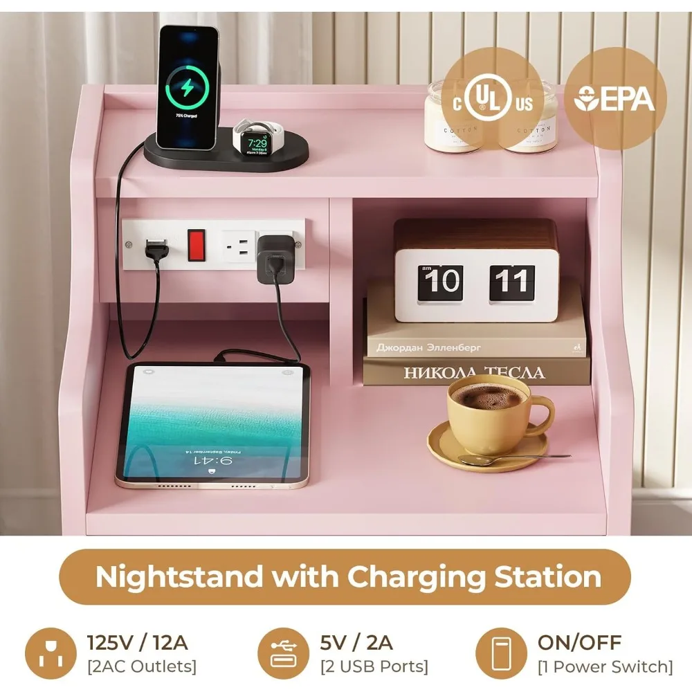 Night Stand Set 2,Pink Nightstand with Charging Station & Hutch,Night Stands for Bedrooms Set of 2,Bedside Table with Drawers 3