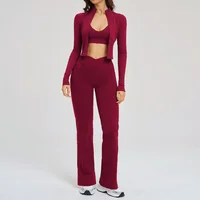 Ensemble de yoga 3 pièces pour femmes, vêtements de sport, ensemble de tenue de sport, vêtements de fitness féminins, leggings à taille haute à fermeture éclair, manches longues, combinaison de sport 3