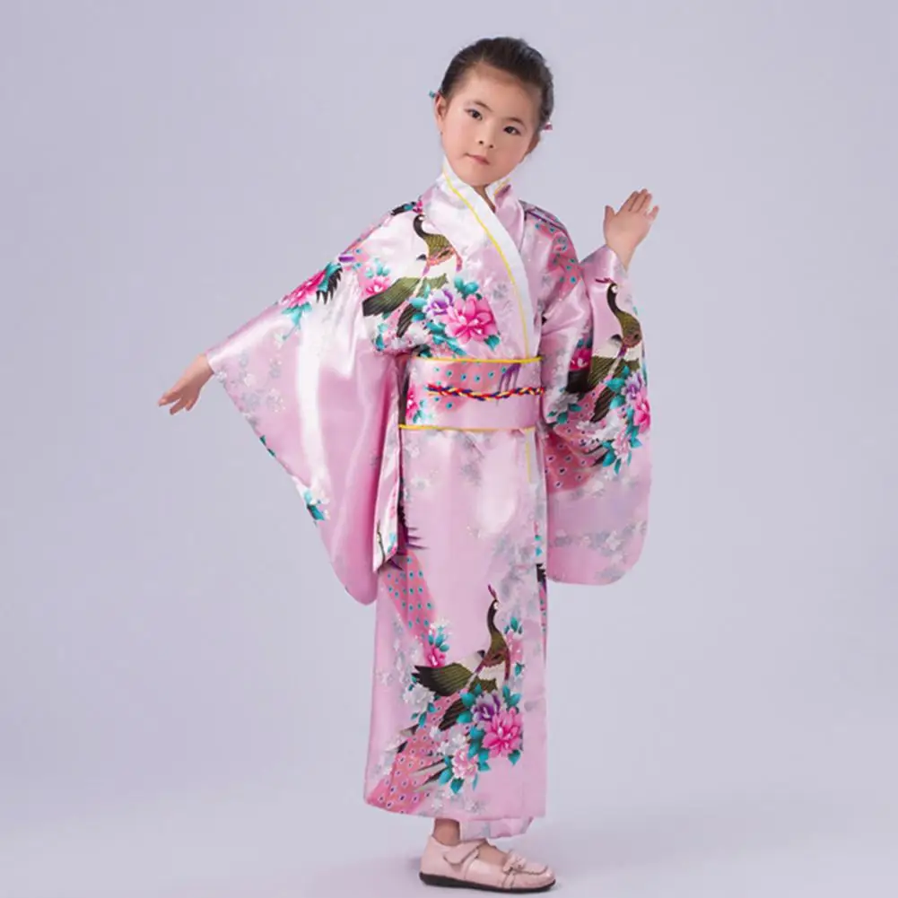 Kids Satin Floral Kimono Robe Girls Traditional Kimono Pajama Peacock Robe Bathrobe Girls Silky Satin Robes Sleepwear