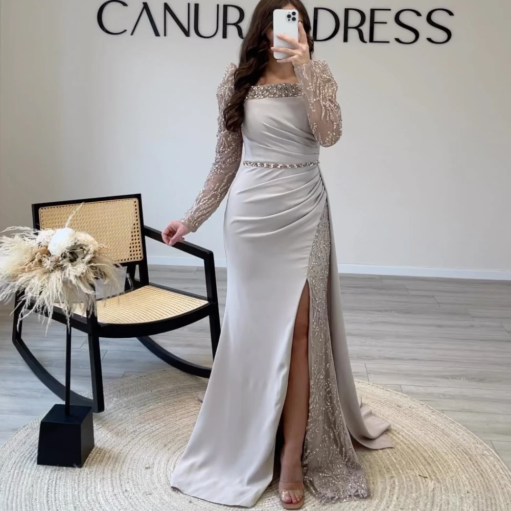 

Carolina Square Collar Sequined Evening Dresses Women Long Sleeves High Split Satin Wedding Guest Elegant Formal Party Gowns