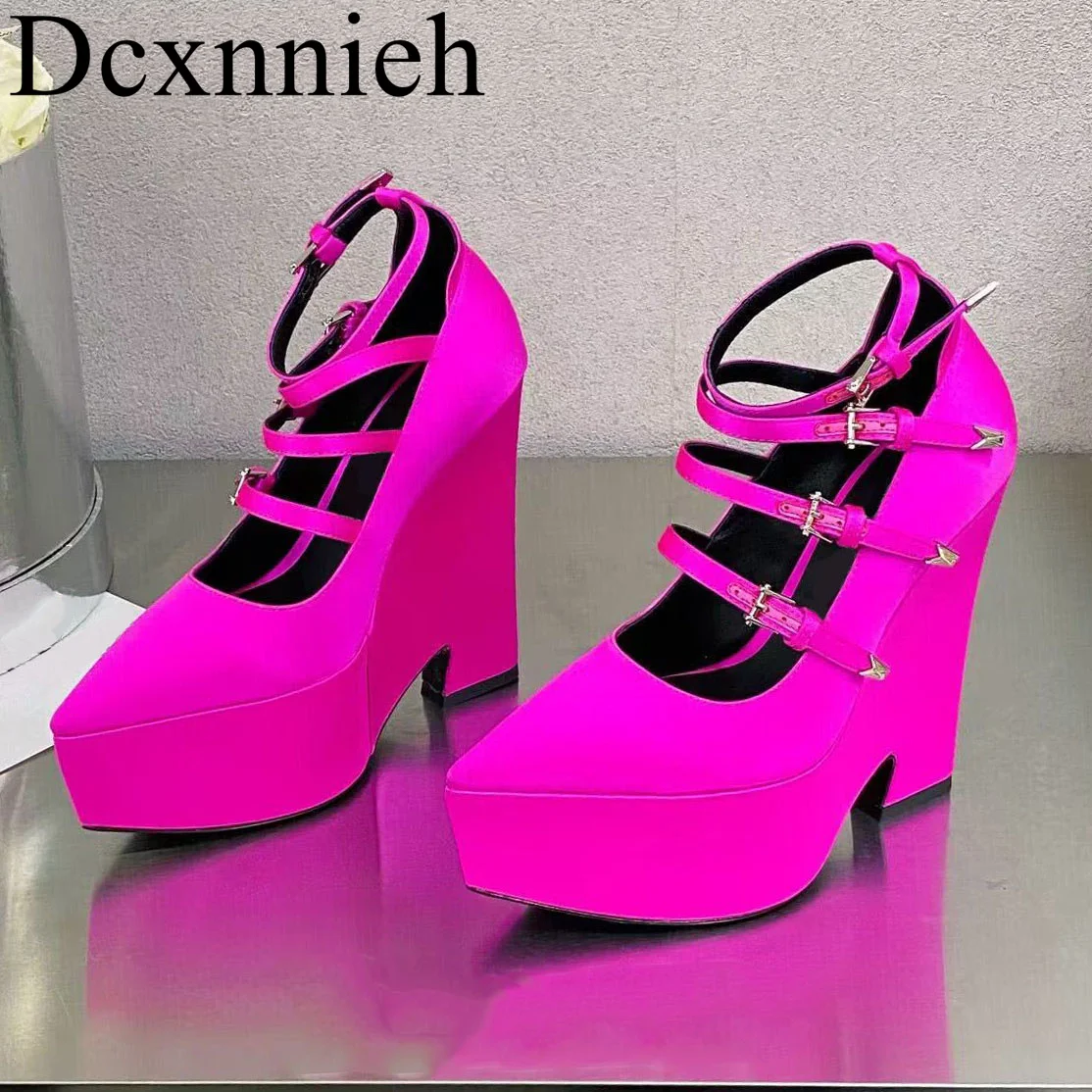 

New Pointed Thick Sole High Heel Shoes with Fine Belt Combination Adjustable Metal Decoration Women's Satin Single Shoe 2023