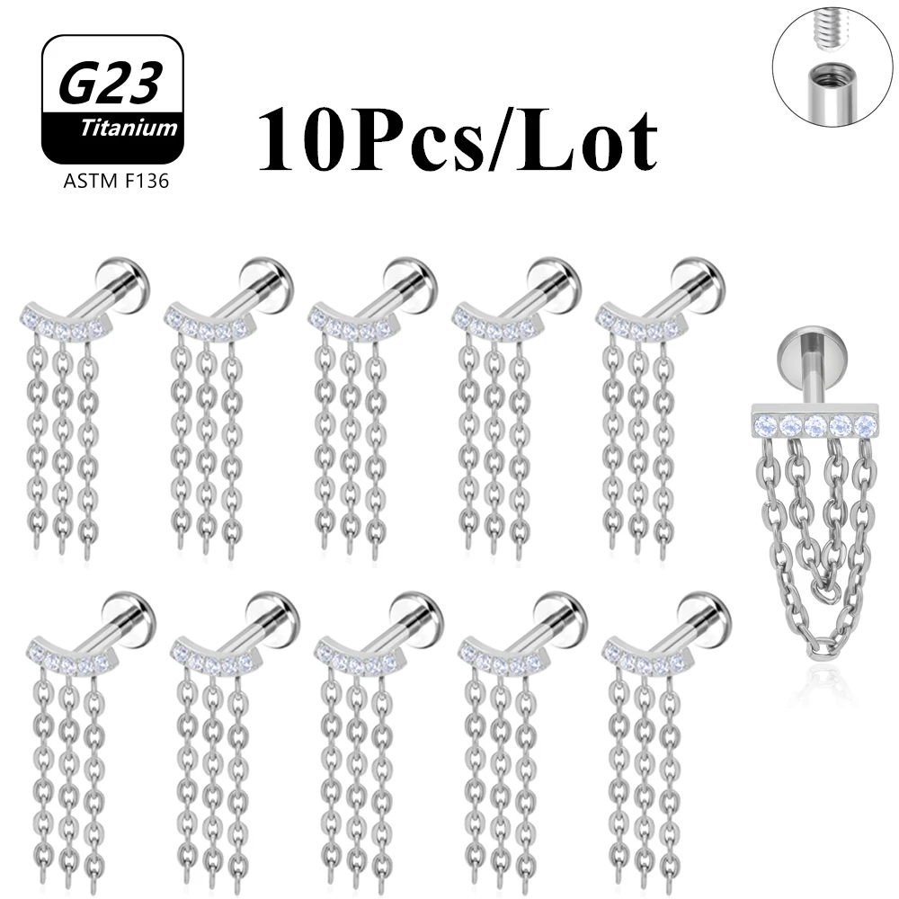 10Pcs ASTM F136 Titanium Piercing Tassel Lip Ring Labret Internally Threaded Earring Helix Cartilage Tragus Chain Earrings