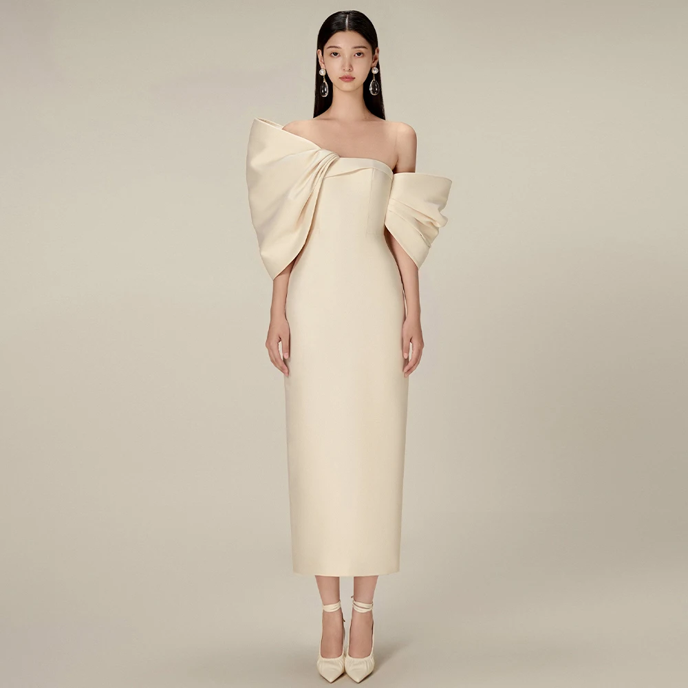 Cocktail Dress Elegant Cocktial Gowns for Women Off the Shoulder Tea Length Cocktail Dresses Midi Champagne Sheath Simple Party Dress