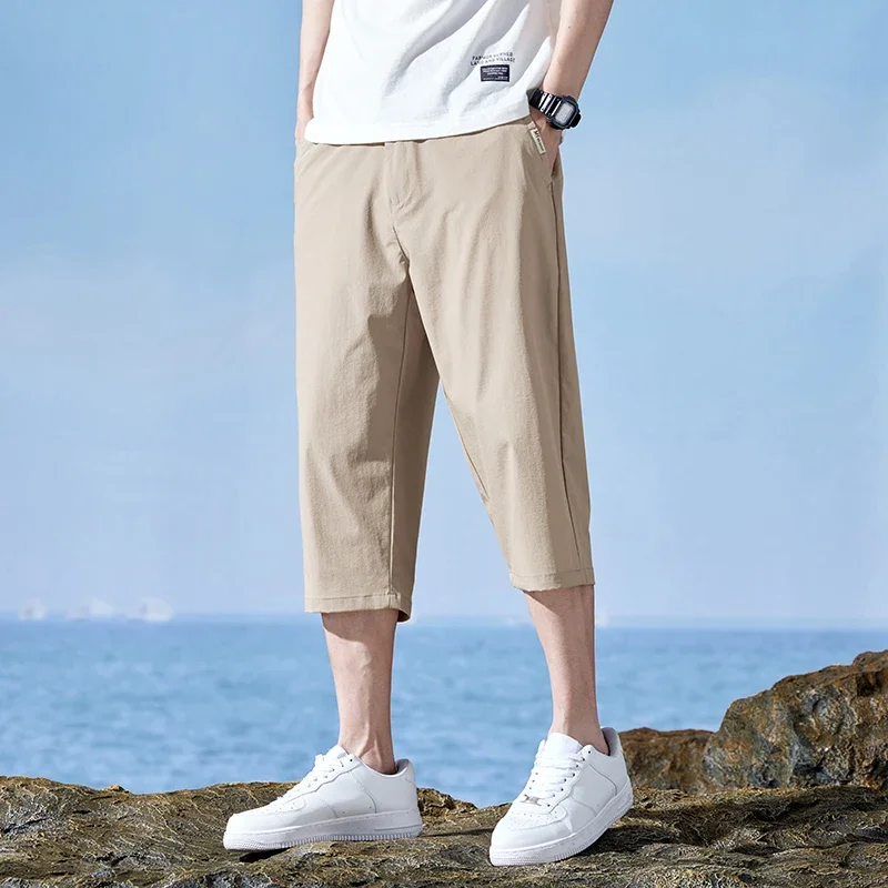 

Брюки-Капри мужские из ледяного шелка, повседневные модные укороченные штаны в Корейском стиле, большие японские шорты, летняя одежда