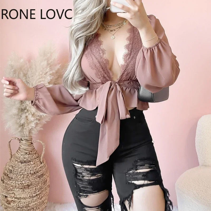 Women Chic Solid Long Sleeves Lace Deep V Neck Lace Up Basics Blouse Sexy  Tops