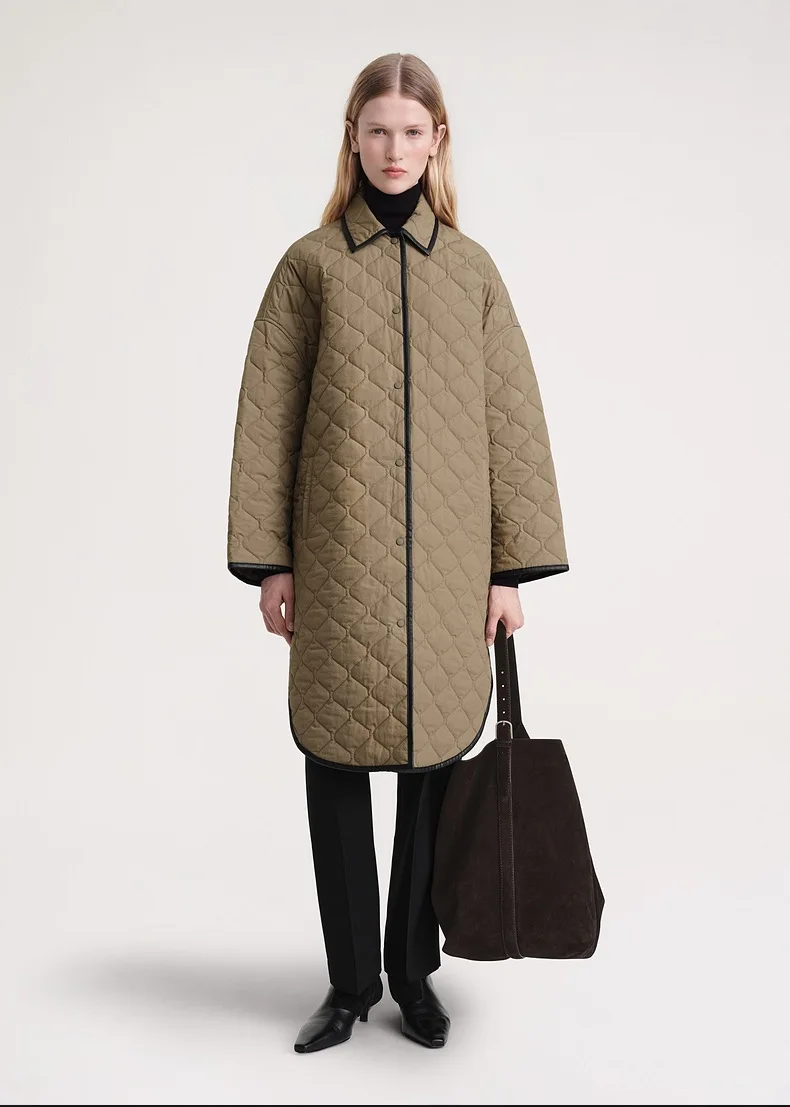 

T0te*me Winter Women Jacket Coat Cotton Argyle Brown Color Full Sleeves Casual Long Version Acr-Shape Side Slit Warm Elegant