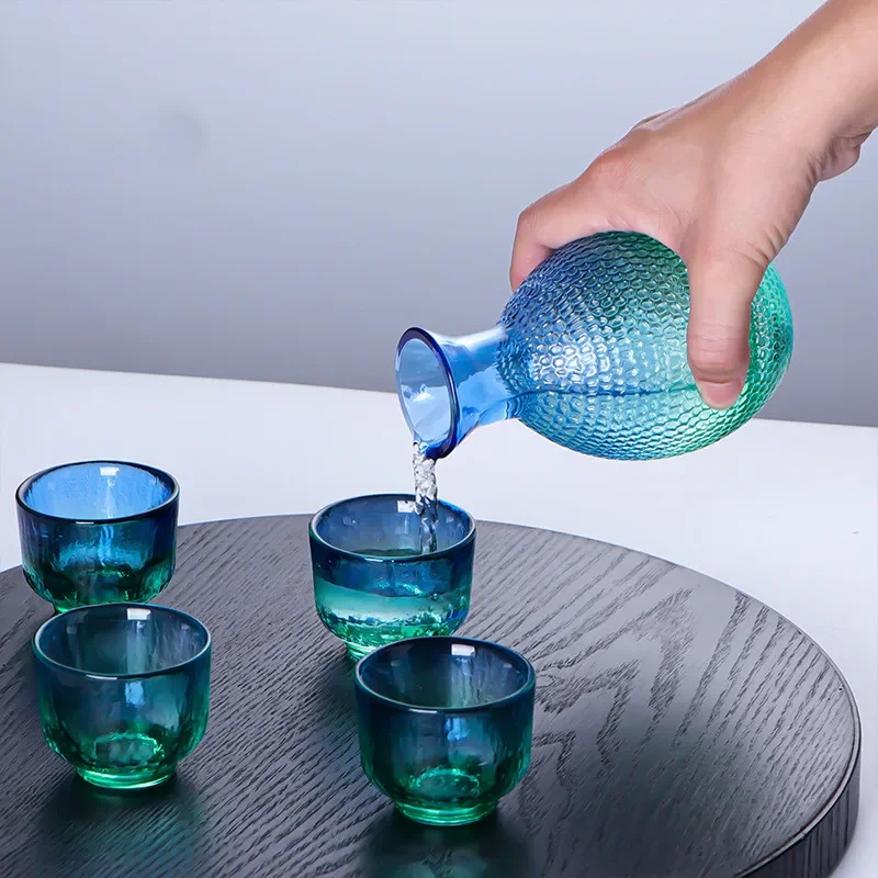 Japanese Style Hammered Peacock Blue Jug Set, Crystal Sake Jug, Cup Liquor Dispenser, Huadiao Wine Hot Jug,wine Warmer, Wine Set