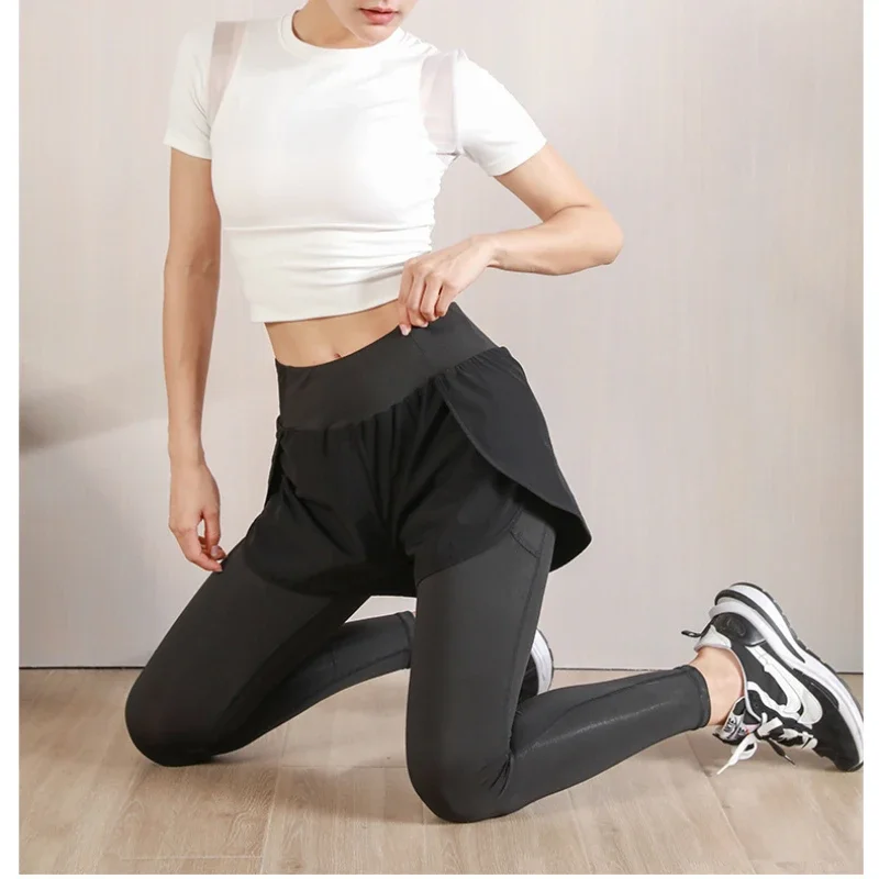 Women Gym Yoga Pants Shorts Legging Fake 2 Pcs Running Sports Pants With Phone Pocket Quick Dry Outdoor Fitness Workout Tights