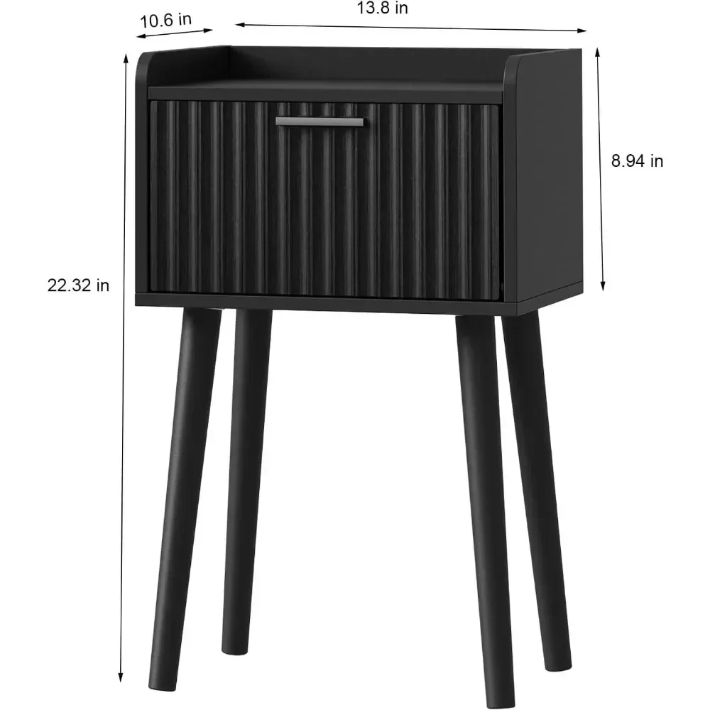 Nightstand Set of 2, Small Bed Side Table with Fluted Door, End Table with Solid Wood Legs, Mid-Century Bedside Table for Bedro