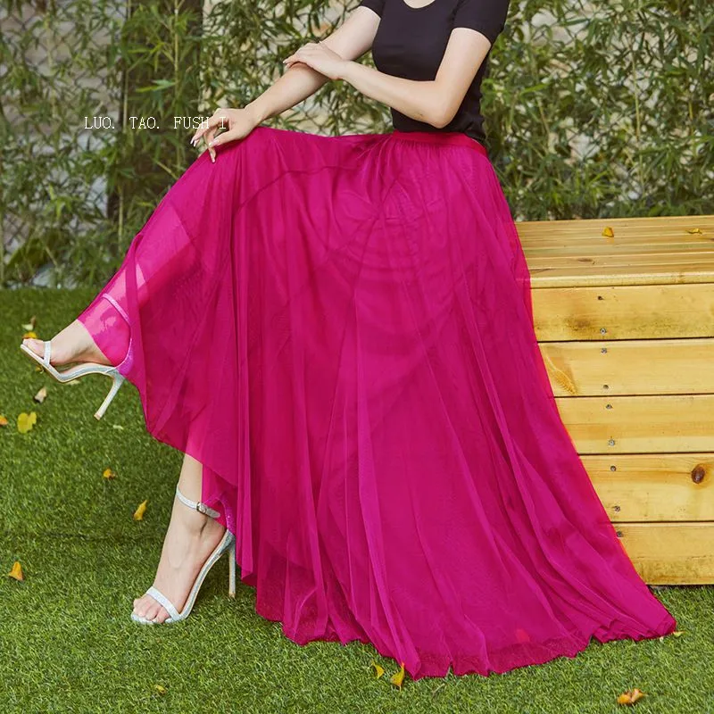 

Skirts Womens Autumn 3 Layers Princess Tulle Mesh Long Maxi Skirt Female Summer Elastic High Waist A-Line Elegant Tutu Skirts