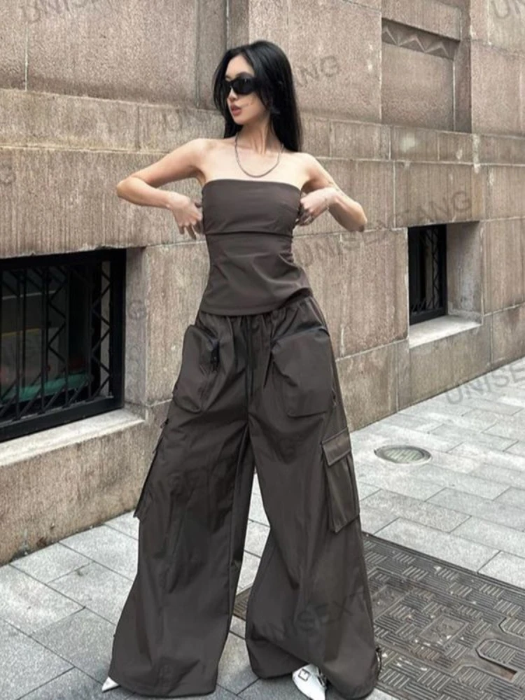 

Deeptown Y2K Vintage Brown Cargo Pants Women Techwear Kpop High Waist Wide Leg Trousers Baggy Parachute Pants Korean Streetwear