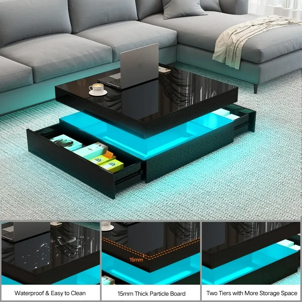 LED Coffee Table with Storage, High Glossy Modern White Center Table with 2 Drawers, Square Wooden Middle Table with 16-Color 4