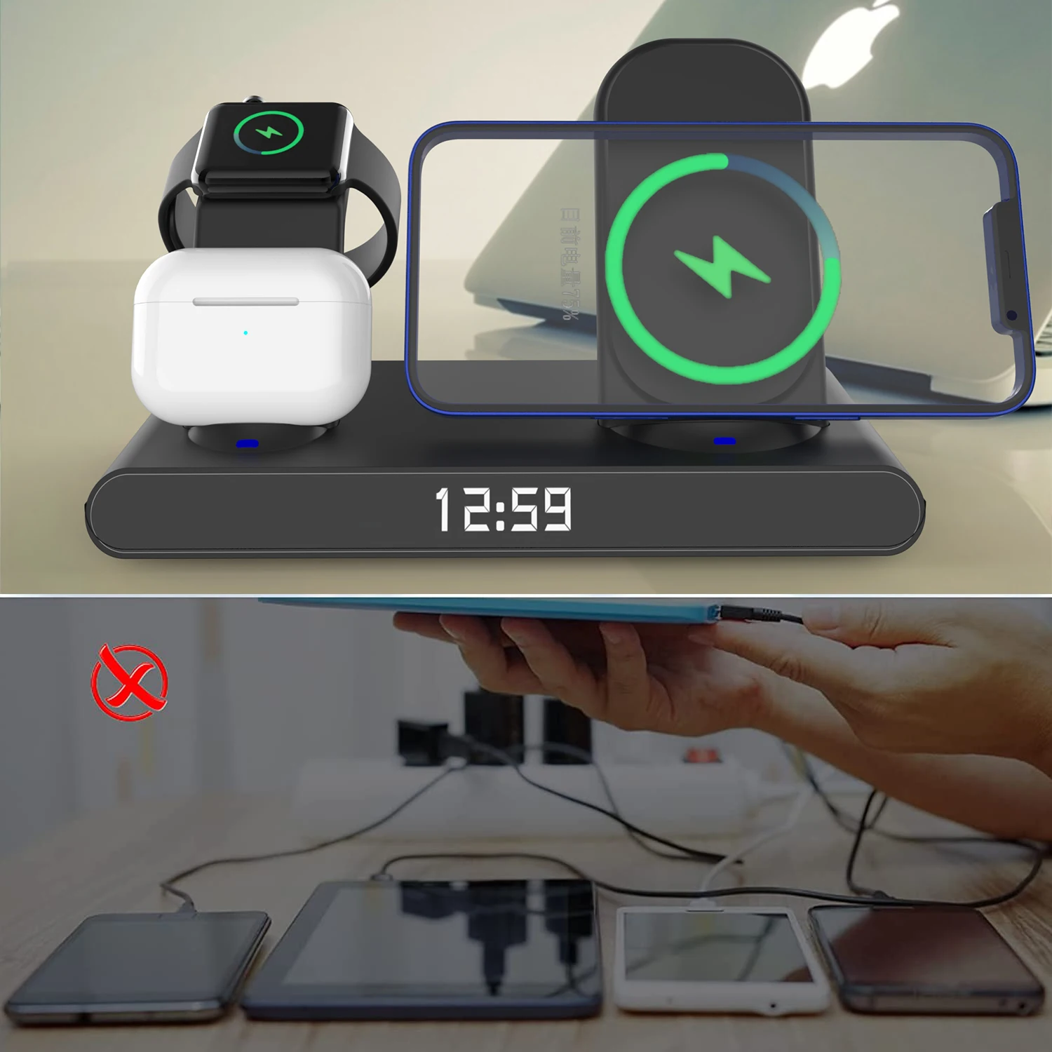 Artizer SY011 3 in 1 Wireless Charger Station 15W With Alarm Clock For iPhone 13 12 Pro Max For Apple Watch 7 6 5 Airpods Pro Chargers - ANKUX Tech Co., Ltd