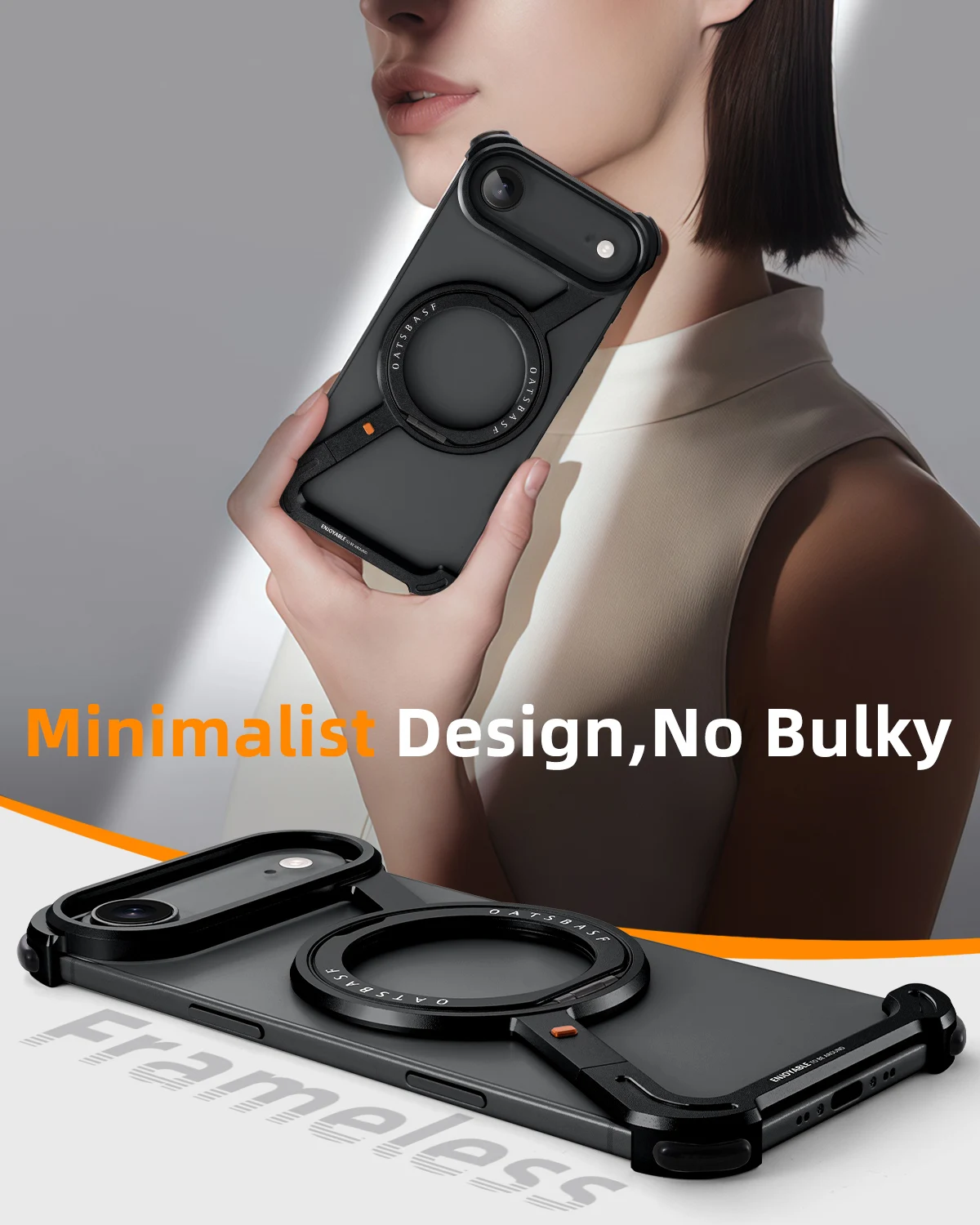 Eary Minimalist Phone Case for iPhone 17 Air Magsafe with 360°Rotatable Magnetic Ring Kickstand Aluminum Frameless Bumper Cover