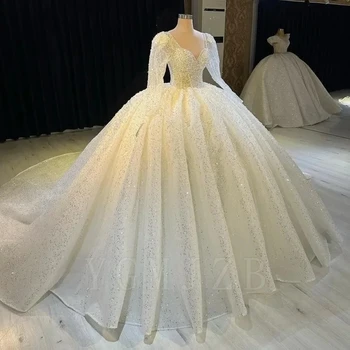 Abiti da Sposa Scintillanti di Lusso con Perline e Pizzo, Vestito a Sirena con Maniche Lunghe, Abito da Sposa Personalizzato