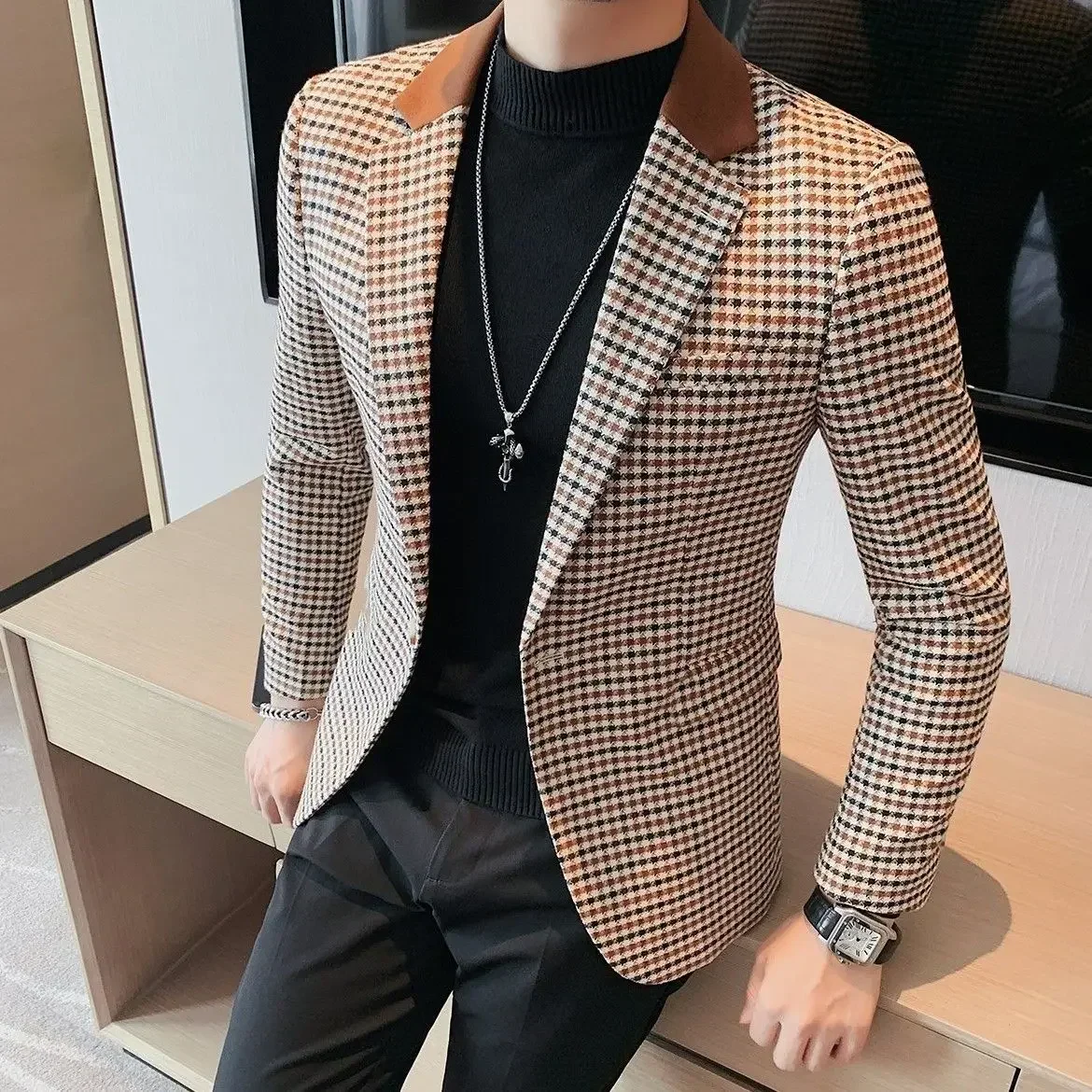 Plaid Coats Man Dress Suits and Blazers Korean Style Business Jacket for Men Clothes Classic