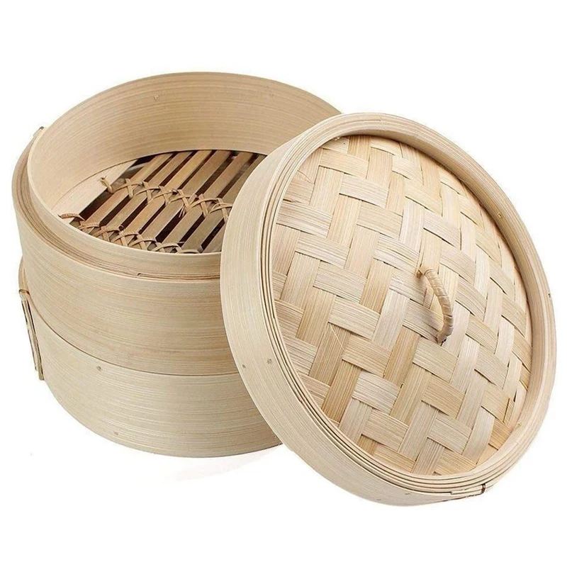 

2X Bamboo Steamer 2 Tier 8 Inch Dim Sum Basket Rice Pasta Cooker Set With Lid By Steam Basket For Vegetables