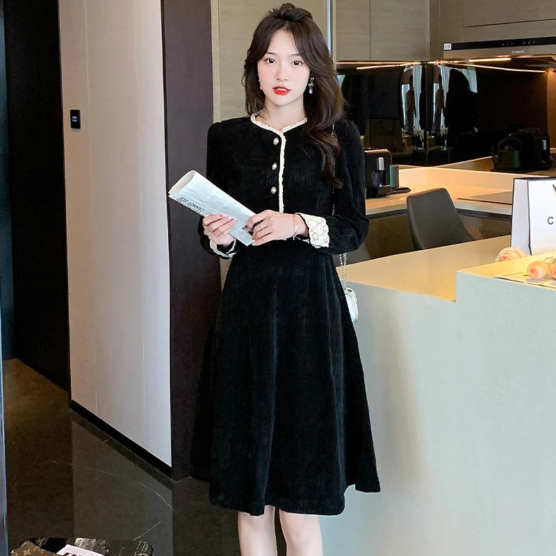 

Autumn Women Black Panelled Corduroy Long Sleeve Midi Dress Button Decoration Korean Vintage Casual Style Elegant Evening Dress