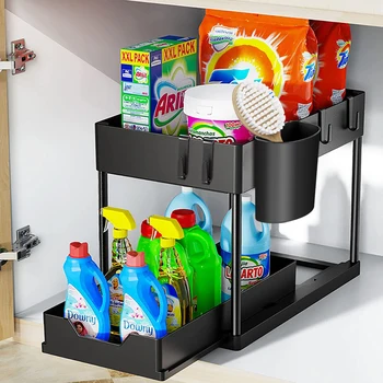 Organizzatore sotto il lavandino a 2 livelli, armadio scorrevole, cestino, portaoggetti, con ganci, tazza sospesa, organizer da cucina per bagno 1