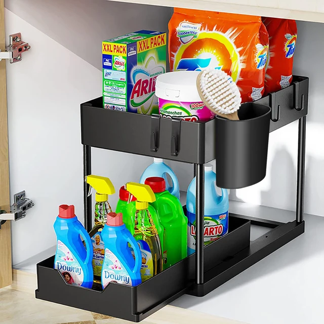 Organizzatore sotto il lavandino a 2 livelli, armadio scorrevole, cestino, portaoggetti, con ganci, tazza sospesa, organizer da cucina per bagno 1