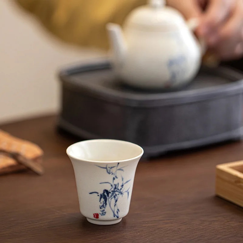 2pc/lot Hand-painted Bamboo Leaf Teacup Zen Soda Glazed Tea Bowl Tea Cup Set Mini Smelling Cup Chazhan Master Cups Teaset 45ML