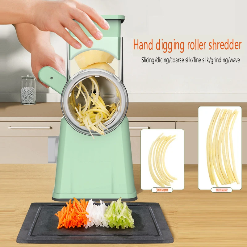 XinM Rotary Cheese Grater With 3 Blades - Mandoline Slicer With Suction Cup Base & Handle