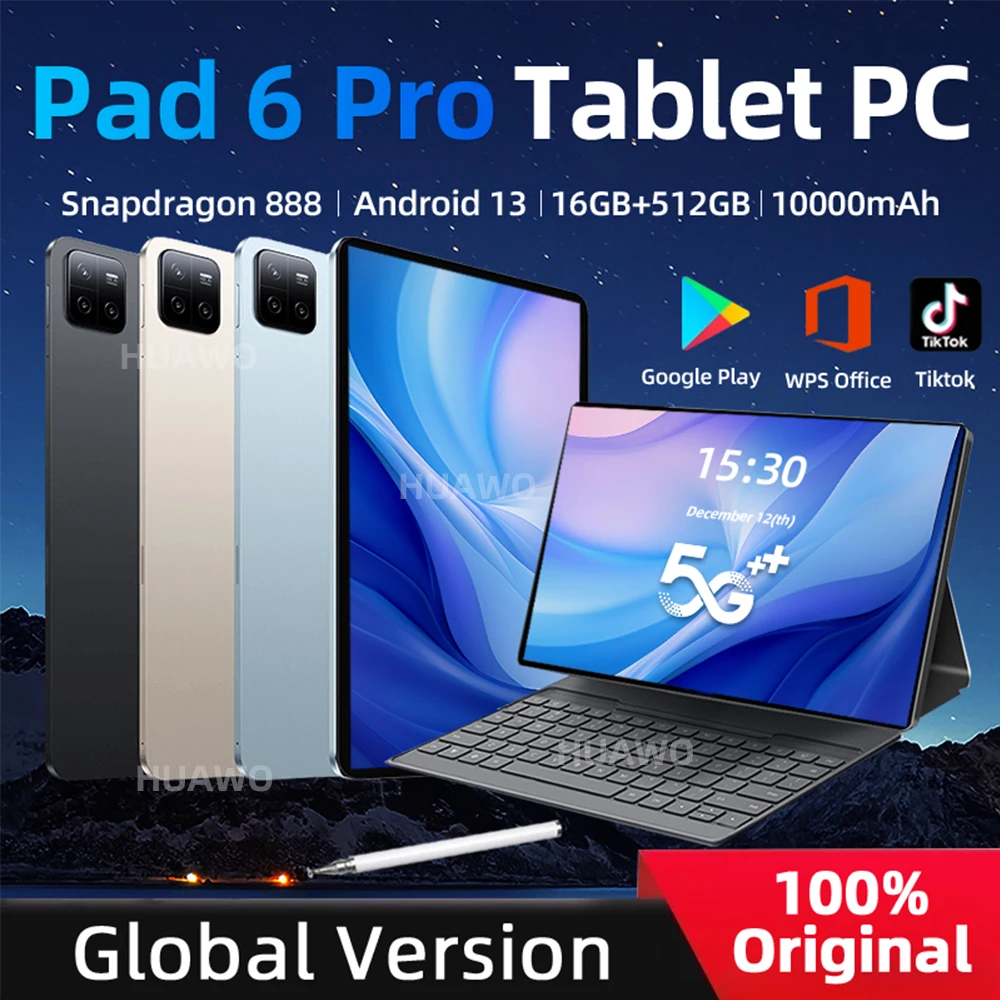 글로벌 버전 태블릿 패드 6 프로, 스냅드래곤 888, 10000mAh, 안드로이드 13, 16GB RAM, 512GB ROM, 5G SIM 카드, HD 4K 화면, 미니 PC 와이파이 탭