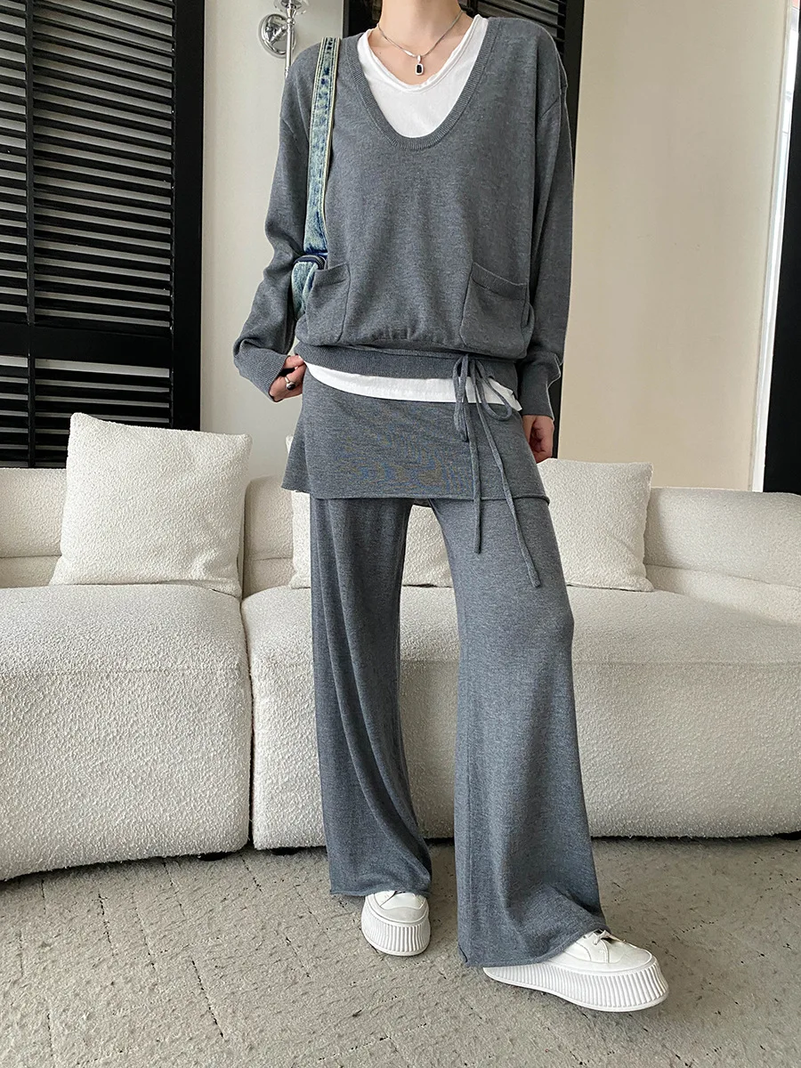 Frühlings-Damen-Freizeitset: Einfarbiger, kontrastierender, zweiteiliger Strickpullover mit weitem Bein und lässiger Hose – Detail 5