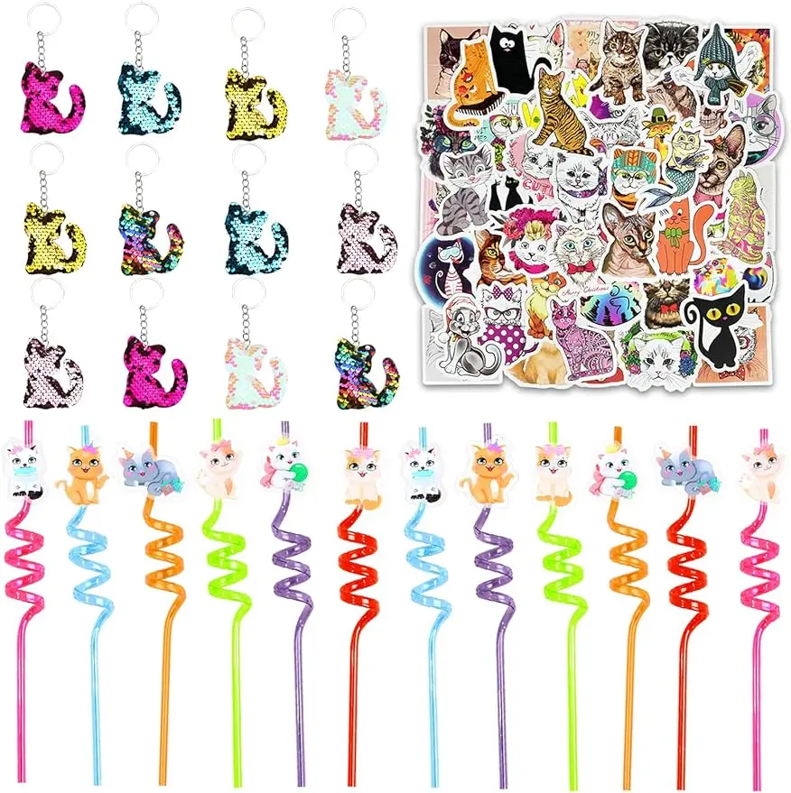 

FANGLELAND Serencatcher74Pcs Cat Party Pet Set, Mochi Toy Keychain Straw Children's Cat Theme Birthday Party Decoration Supplies