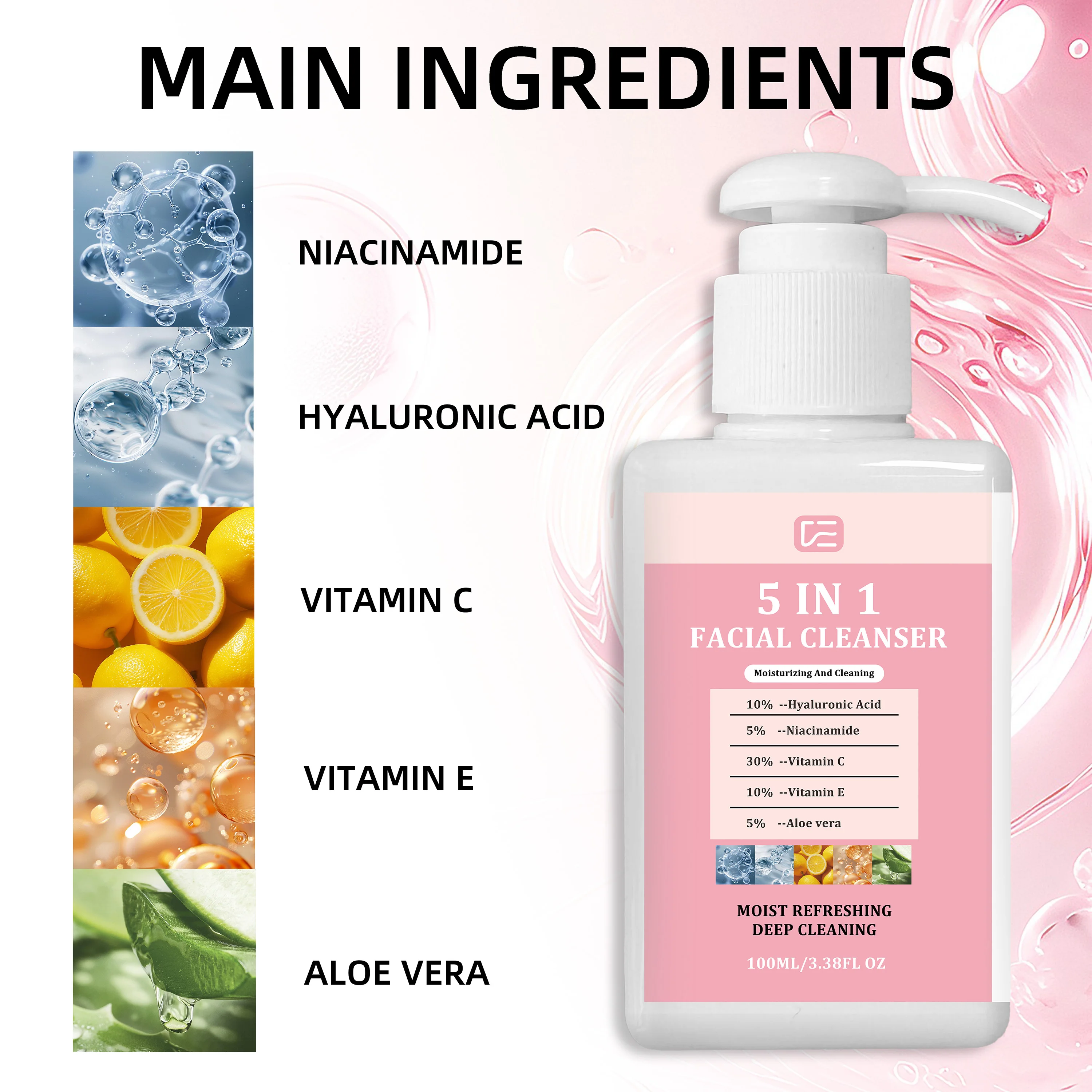 5-in-1 gezichtsreiniger 100 ml / 3,38 fl oz. Milde, niet-uitdrogende, hydraterende reiniger voor normale/vette/gecombineerde huid. Gezicht, lippen, ogen, make-up remover._voghion.com