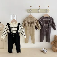 Autumn Newborn Baby Boys Girls Clothing Suit Long Sleeved Striped Sweater+Strap Pants Spring Infant Baby Knitting Clothes Set