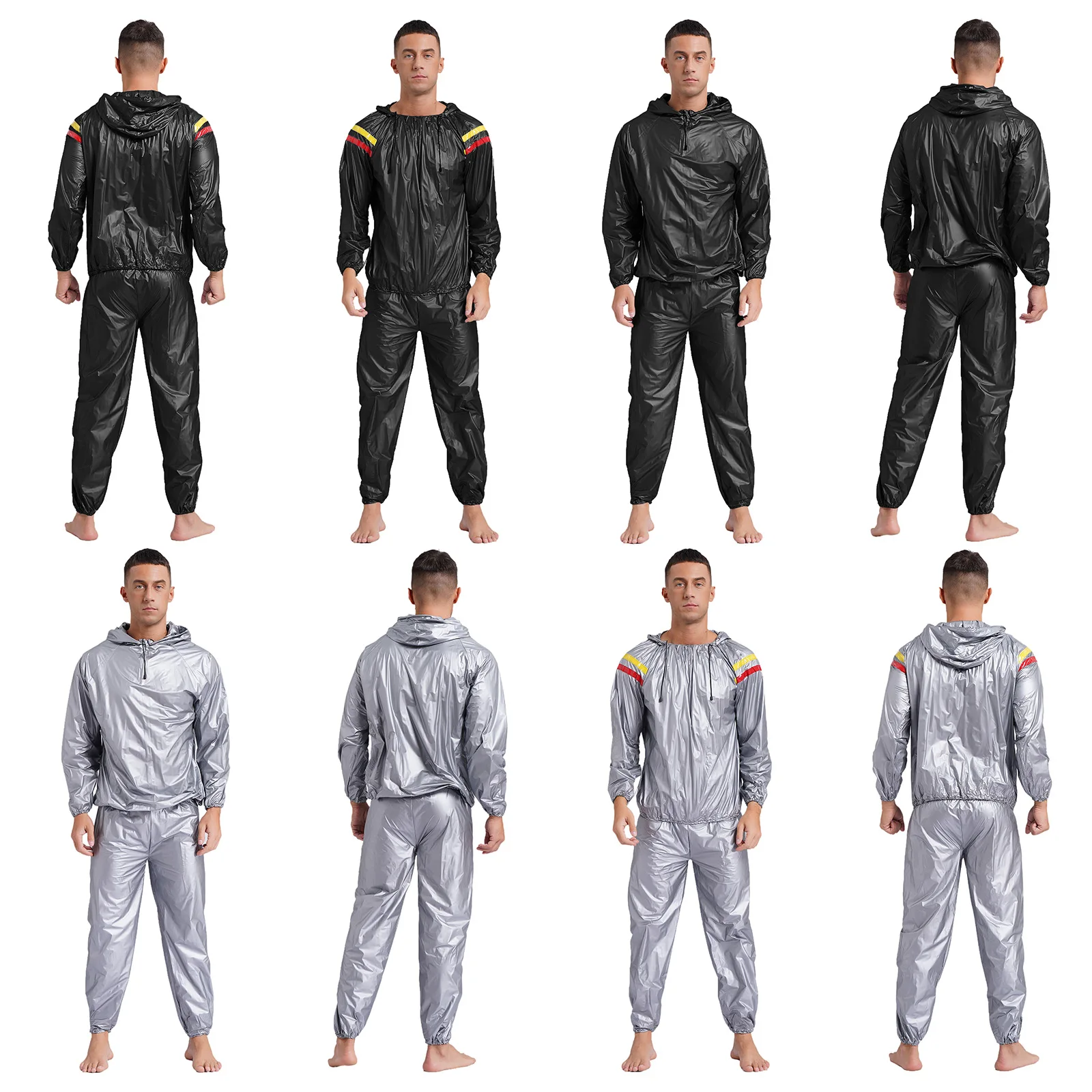 Mens Pullover Style PVC Sweating Suit Boxing Gym Workout Fitness Sauna Sweat Outfit Hooded Jacket Outerwear And Long Pants