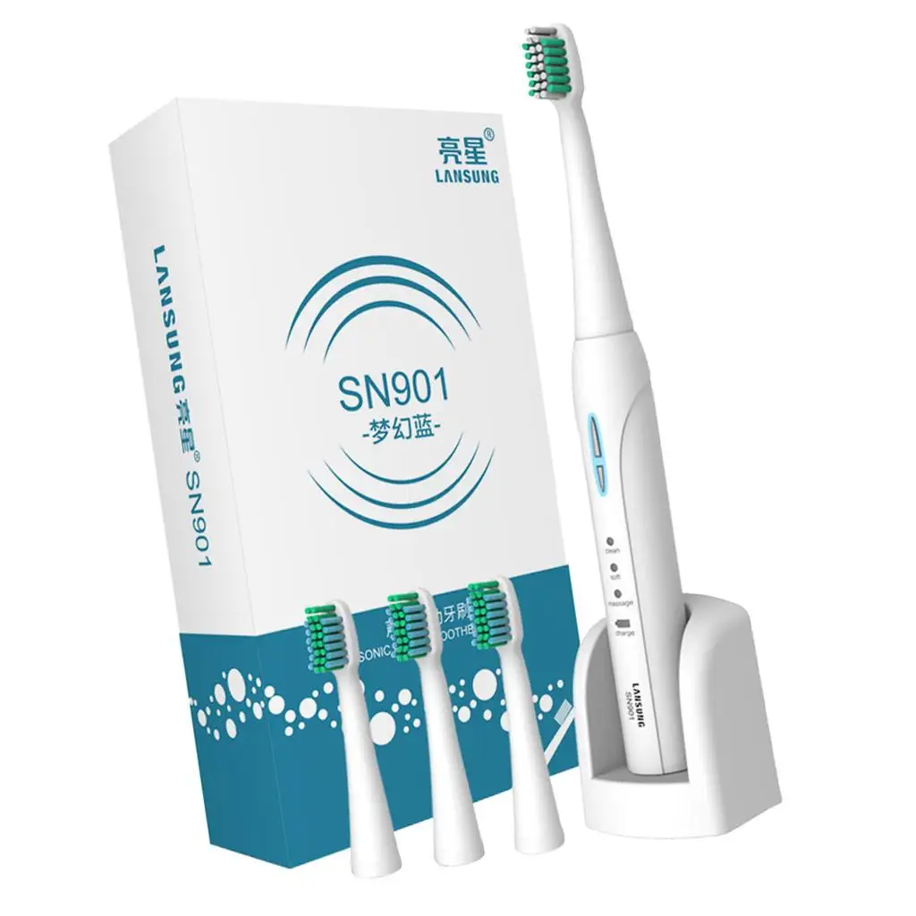 Sound Wave Rechargeable Eletric Toothbrushes + 3 Replacement Brush Heads Multi-angle Brushing