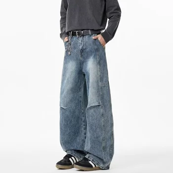 2025 New Hip Hop Fashion Spliced Baggy Jeans For Men Pleated Design Casual Straight-Leg Denim Pants Y2K Vintage Streetwear jean 1