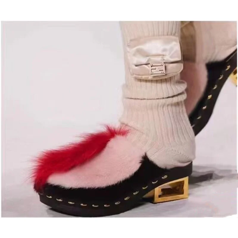 

Autumn Fashion Women's Slippers Color Contrast/Mink Hair/Splicing/Hollow Heel/Banquet Outdoor Round Head Medium Heel Slippers