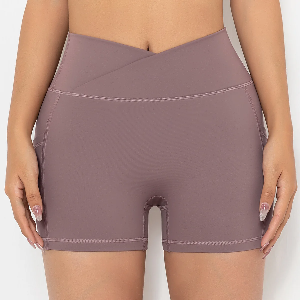 

New Sexy Solid Color Cross Waist Double-sided Brushed Nude Sports Fitness Leggings Women Yoga Shorts